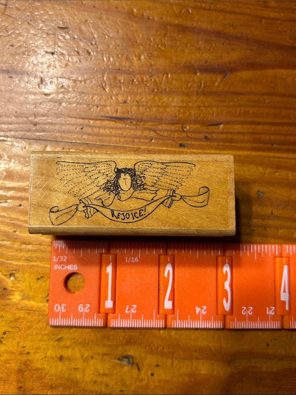 Wooden 'Rejoice' Angel Rubber Stamp - Tan